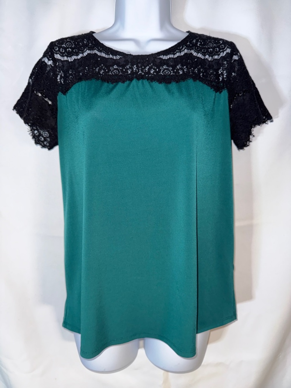 Faith and Joy Teal Blouse with Black Lace Yoke
